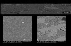 Abb. 1: Tonstein-Mikrostrukturen des Opalinustons (oben) und Callovo-Oxfordium Tonsteins (unten), Rasterelektronenmikroskopie