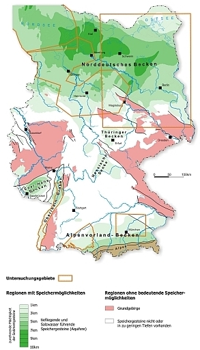 Gebiete (orange umrandet), für die eine einheitliche Neuberechnung der Speicherkapazität salinarer Aquifere durchgeführt wurde