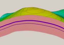 3D-Modell einer unterirdischen Schichtenfolge in etwa 3500 m Tiefe mit ungestörter Aufwölbungsstruktur. Violett: Speicherhorizonte (Sandstein), hellrot: undurchlässige Schichten (Tonstein).