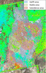 Figure 4: Visual interpretation of regions of uplift and. SPOT image is used as background